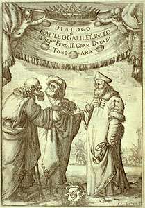 Frontispiece to Galileo's Dialogo sopra i due massimi sistemi del mondo, tolemaico e copernicano (1632; Dialogue Concerning the Two Chief World Systems, Ptolemaic &amp; Copernican). From left to right are Aristotle, Ptolemy, and Copernicus. Ptolemy holds an astrolabe, Copernicus a model of a planet orbiting the Sun.